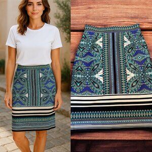 ANTONIO MELANI Teal and Navy Printed Pencil Skirt